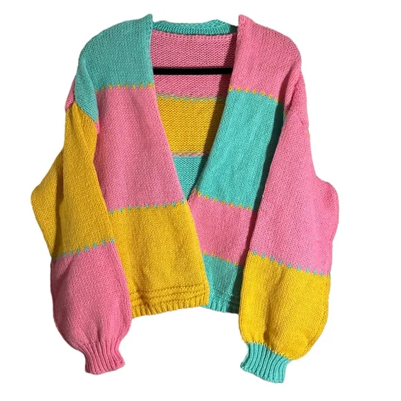 Colorblock Knit Cardigan Open Front Puff Sleeves Large - Picture 5 of 7